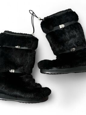Tory Burch Black Faux Fur Winter Boots with Buckle Details